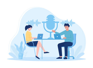 Women and men are making podcasts concept flat illustration