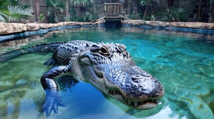 Alligator at the zoo enjoying a swim in the pool