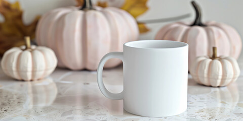 Plain blank white coffee tea cup mug ceramic POD pastel pink table mockup for Halloween fall autumn   pumpkin cute kawaii lux Thanksgiving cozy elegant pretty classy Hamptons home decor template 