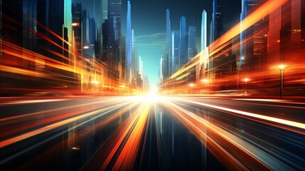 Abstract city lights streaks, futuristic urban landscape, speed and motion concept.