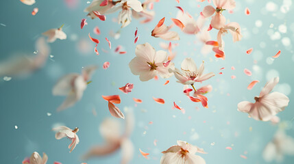 Petal flowers flying in the air in spring season  background, falling blossom petal, levitation of beautiful tropical floral.ai generative