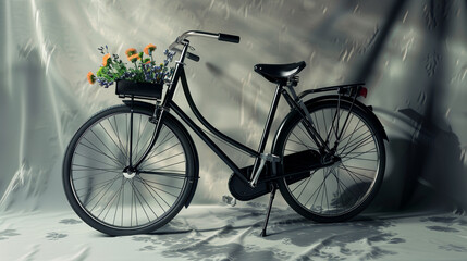 A vintage black bicycle with a few fresh wildflowers in the front basket, displayed on a rich light grey canvas, emphasizing subtle elegance.