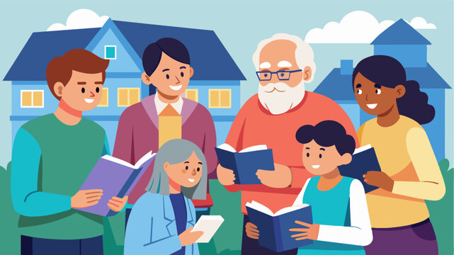 A group of high school students offer free tutoring services to seniors in their neighborhood helping them with basic reading and writing skills.. Vector illustration