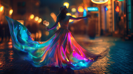 A beautiful woman wearing an illuminated dress with flowing colors dances in the street at night, creating a cinematic scene. The dress is made of luminous fabric that illuminates her figure