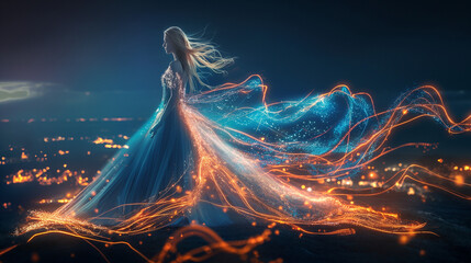 A blonde woman in an elegant, flowing dress made of light blue and orange neon wires. She stands outdoors at night with the city lights illuminating her from behind