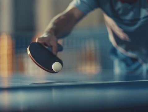A closeup of a table tennis players intense focus as they return a serve, capturing the speed and precision of the sport