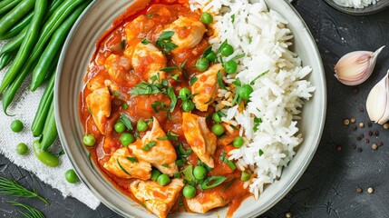 Chicken cooked with tomato sauce served with rice and green beans - Powered by Adobe