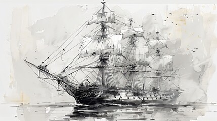 Landscape pencil sketching  features battleship sail boat in the sea ocean, moody  vintage classic wall art, background, wallpaper 
