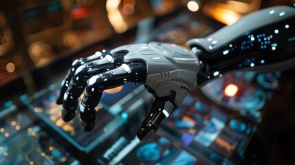 robotic hand tapping on a touchscreen, advanced technology integration such as speech recognition image processing and AI symbolizing the convergence of robotics and modern communication technologies