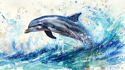 A dolphin is leaping out of the water, creating a splash