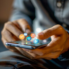 close up on hand using tab pad on laptop to working about futuristic of social media marketing icon for internet network technology and business ...