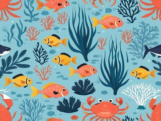 Seamless pattern. The underwater atmosphere of fish and sea creatures is beautiful colorful.