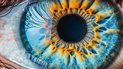  A detailed view of an eye's iris, exhibiting exterior yellow and blue streaks, and interior iris hues