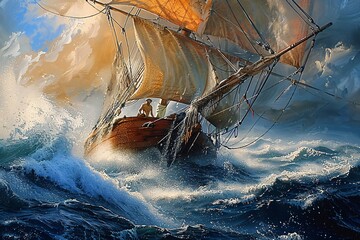 Landscape oil painting features battleship sail boat in the stormy sea ocean, moody vintage classic wall art, background, wallpaper 
