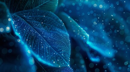  A close-up of a blue leaf with water drops at its surface The background consists of still water