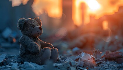 A teddy bear is sitting on a pile of rubble - Powered by Adobe
