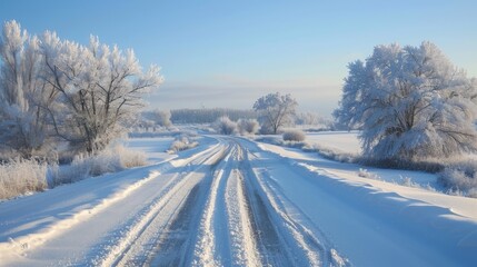 Fototapeta premium Snow covered rural road with wooded area in the distance
