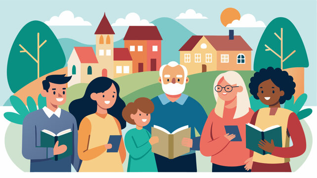In a small town a group of high school students join forces with retired professionals to establish a community literacy program providing support and inspiration to individuals. Vector illustration