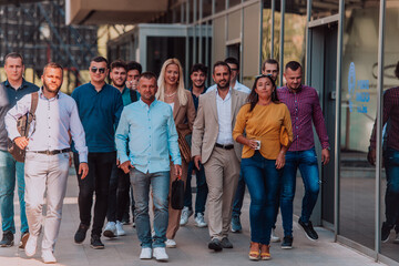 A diverse group of businessmen and colleagues walking together by their workplace, showcasing collaboration and teamwork in the company.