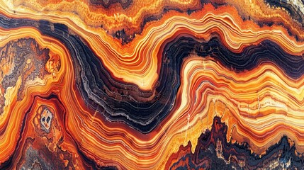  A work of art resembling wood with an intricate, wavy orange, brown, black, and white pattern