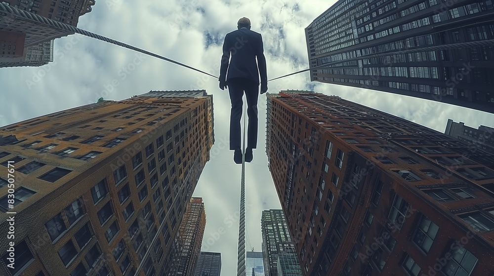 Poster The manager is carefully traversing the tightrope between two skyscrapers, low angle view. Generative AI.