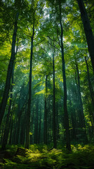 Obraz premium Sunlit Green Trees in Brussels Forest, Daytime Tranquility, Nature's Serenity, Rays Through Canopy, Peaceful Woodland, Captivating Forest Landscape for Environmental Inspiration and Inner Peace