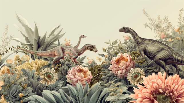 vintage style dinosaur floral illustration wallpaper, dino birthday card, beautiful dinosaur illustration border frame for cards and templates
