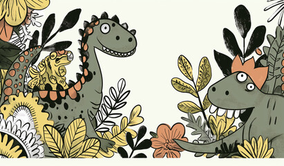 Fototapeta premium Cute card template and frame with dinosaurs, dino background, post card, birthday card room decoration, notebook notepads page with copy space and space for greetings