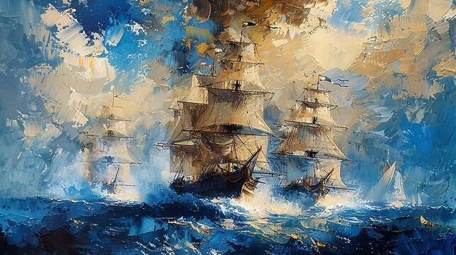Landscape oil painting features battleship sail boat in the stormy sea ocean, moody vintage classic wall art, background, wallpaper 