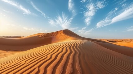  A desert landscape with sand dunes and a blue sky bearing wispy clouds