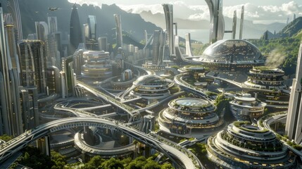 A network of vertical roads crisscrossing the city transporting passengers on futuristic air taxis.