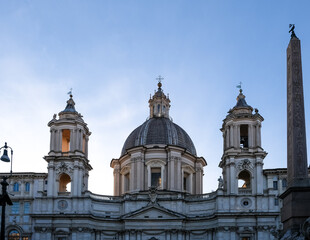 Detail of the Piazza Navona, a public open space in Rome, Italy with the Obelisco Agonale and, in the background, the Church of Sant'Agnese in Agone