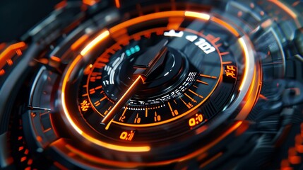 Dark stylish speedometer with orange light and needle moving to the year 2023