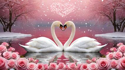 swans lover forming a heart shape on a pink lake with rose. romantic valentine background. wedding card.