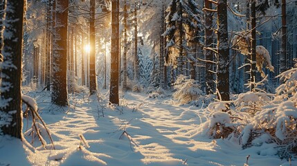 Obraz premium A winter scene shows a dense forest covered in snow, with a multitude of trees creating a picturesque landscape.