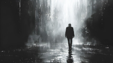 Obraz premium Silhouette of a lone person walking on the road in the shadows amidst the mist.