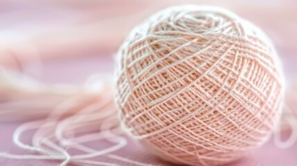  A ball of yarn closely framed against a pink backdrop, with a soft, blurred foreground depiction of another ball of yarn and an equally out-of-focus