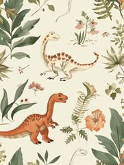 Seamless pattern with different types of dinosaurs with trees, floral and leaves, background useful for wallpaper, nursery, textile, wrapping paper