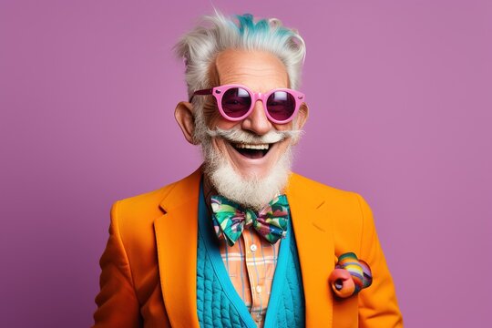 A funny and extravagant elderly man in a hat, glasses, colored jacket, with gray hair and beard, posing on a colored background a youthful old man of the sixties, having fun at parties. Crazy grandpa.