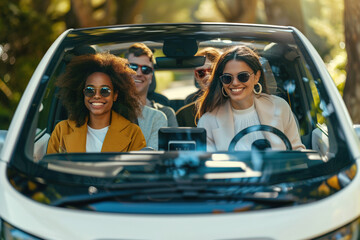 Group of friends carpooling in electric vehicle, urban mobility solutions for eco-friendly travel.