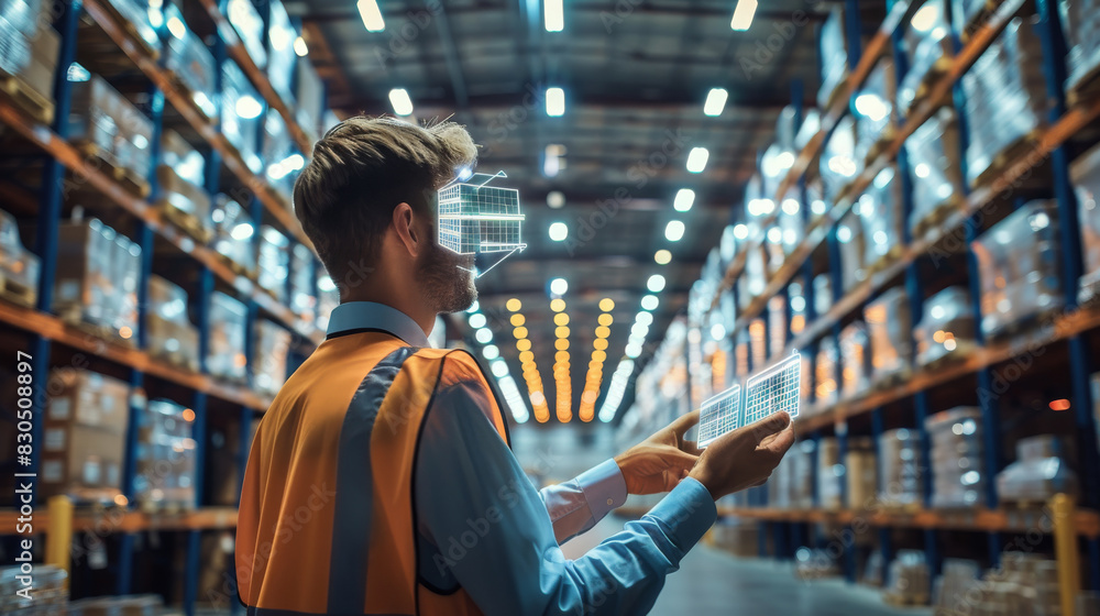 Poster A warehouse manager using a virtual digital management system through augmented reality technology in modern warehouse. Generative AI.