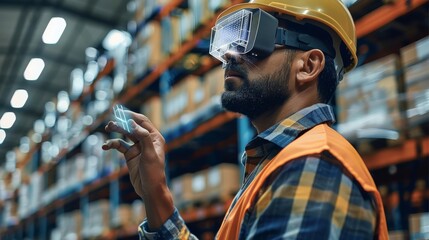 A warehouse manager using a virtual digital management system through augmented reality technology in modern warehouse. Generative AI.