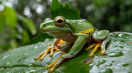 Fototapeta premium Pacific tree frog on green leaf 