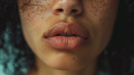 Fototapeta premium A close-up of a woman's face, adorned with freckles on her cheeks and lips
