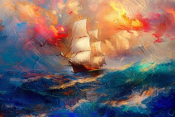 Landscape painting features battleship sail boat in the sea ocean, during sunset,  moody vintage classic wall art, background, wallpaper 