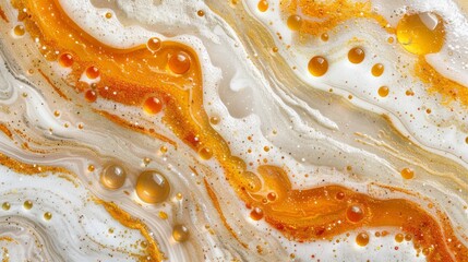 Obraz premium A tight shot of a white, orange, and yellow multilayered surface with bubbles and water droplets at its base