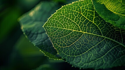 Macro beautiful fresh green leaf highlighted by the sun. The plant has a beautiful expressive structure. background green wallpaper