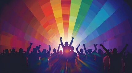 Celebration for Pride Month 2024: Empowering and united LGBTQ+ activists stand strong on stage with fists raised in solidarity. Vibrant rainbow flag backdrop and cheering crowd. 