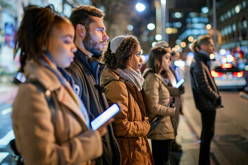Young professionals queue for ride-sharing pickup, vibrant city lights, eco-friendly transportation alternatives.