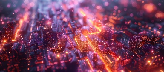 Obraz premium Futuristic Cyber City Interface: Dynamic HUD Overlay on Shimmering Digital Landscape